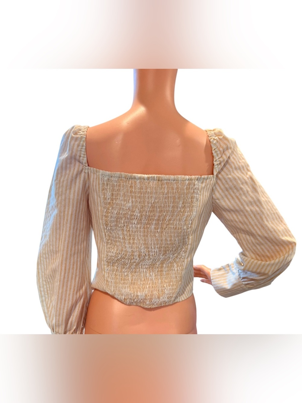 Striped Square-Neck Button Front Crop Corset Top Cream Tan Striped Medium - Picture 3 of 8